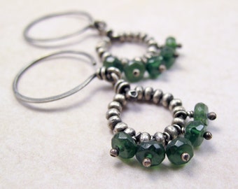 Silver Beaded Ring Earrings with Dark Green Apatite