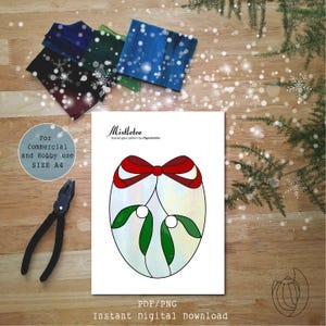 Mistletoe Christmas Stained Glass Pattern, A4, Stained Glass Patterns, Digital Download, DIY Stained Glass, Stained Glass Decor, Suncatcher