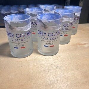 Pu&ograve; includere: Un gruppo di sei bottiglie di vodka Grey Goose in vetro trasparente con finitura opaca. Le bottiglie sono disposte in fila su una superficie di legno chiaro. Le bottiglie sono etichettate con il logo Grey Goose Vodka e le parole "Distillato e imbottigliato in Francia".