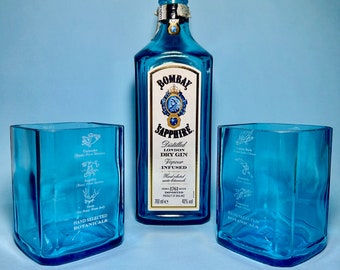 Set Esclusivo di Bicchieri Bombay Sapphire, regalo per gli amanti del gin, regalo fatto a mano per lui, regalo per lei, bottiglie riciclate