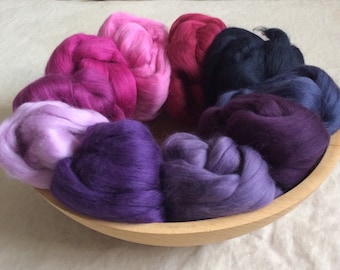 Very Berry 10-Color Merino Purple and pink Combed Top Sampler half a pound to spin or felt.