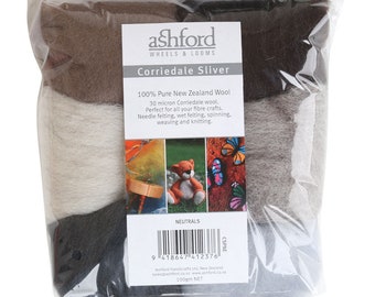 7-Color Neutrals Heathered Blends of Corriedale Sliver Sampler 100g of Ashord sliver to spin or felt.