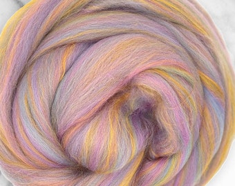 4 oz Merino/Bamboo Swirlywhirly combed top "Itsy Bitsy" merino wool with pastel lavender pink yellow