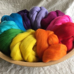 Rainbow Brights 10-Color Merino Combed Top Sampler half a pound to spin or felt.
