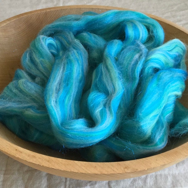 4 oz Merino Sparklepants Swirlywhirly  Fairytale Combed Top, "It Calls Me" turquoise aqua wool + angelina sparkle