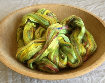 4 oz Luxe Texture Merino/Silk/Bamboo combed top Equinox yellow spring green tweedy luxury blend