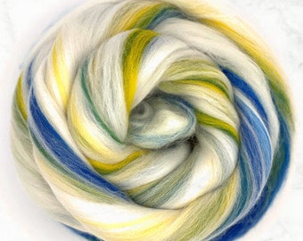YORKSHIRE WELCOME 4 ounces of swirlywhirly merino wool combed top - white yellow blue green