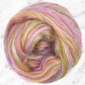 4 oz Luxe Texture Merino/Silk/Bamboo sparklepants combed top Sprinkly Winkly pink yellow spring tweedy sparkly luxury artist blend