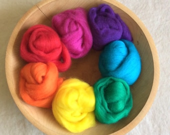 7-Color Rainbow Brights Corriedale Sliver Sampler 100g of Ashord sliver to spin or felt.