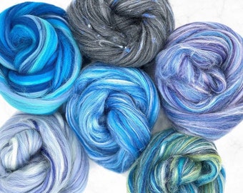 Moody Blues 6-Color Luxe Blends Color and Texture Fiber Sampler 150g/5 ounces to spin or felt. Merino - silk - bamboo combed top