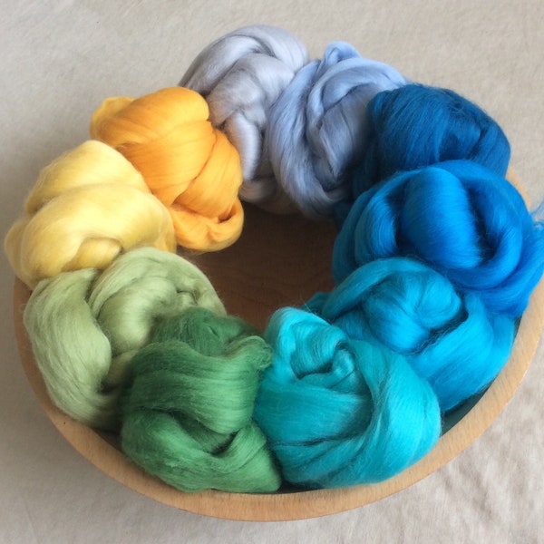 Seaside 10-Color Merino Combed Top Summer Holiday Sampler half a pound to spin or felt.