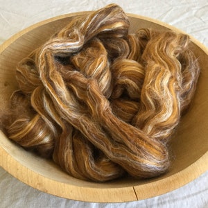 4 oz Merino wool/Silk (70/30) Swirlywhirly combed top brown tan Lynx