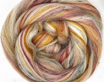 4 oz Luxe Texture merino/BFL/baby alpaca/tweed combed top "Dusty Ravenberry" autumn colors red orange