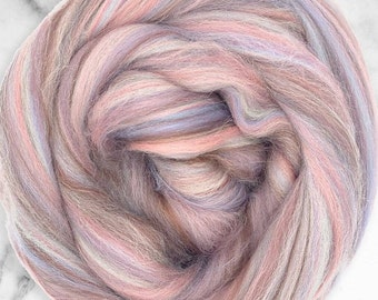 4 oz Merino/Bamboo Swirlywhirly combed top "Humpty Dumpty" merino wool with soft tones light and dark pink, lavender