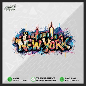 Pode incluir: Uma ilustração colorida de estilo graffiti da palavra "NEW YORK" com uma silhueta da cidade ao fundo. O design apresenta uma paleta de cores vibrantes com respingos de tinta e uma estética grunge.