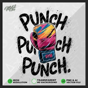 May include: A colorful boxing glove with the word "GYM" on it, surrounded by the word "PUNCH" in black with a white outline and a splatter effect.