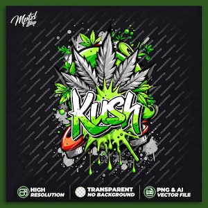 Peut inclure: Un design de feuille de marijuana verte et blanche avec le mot "Kush" en lettres de style graffiti vert et blanc. Le design est sur un fond noir avec des éclaboussures blanches.