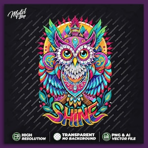 Puede incluir: Una ilustración colorida de un búho con una corona en la cabeza. El búho está rodeado de flores y la palabra "SHINE" está escrita en una fuente colorida debajo del búho.