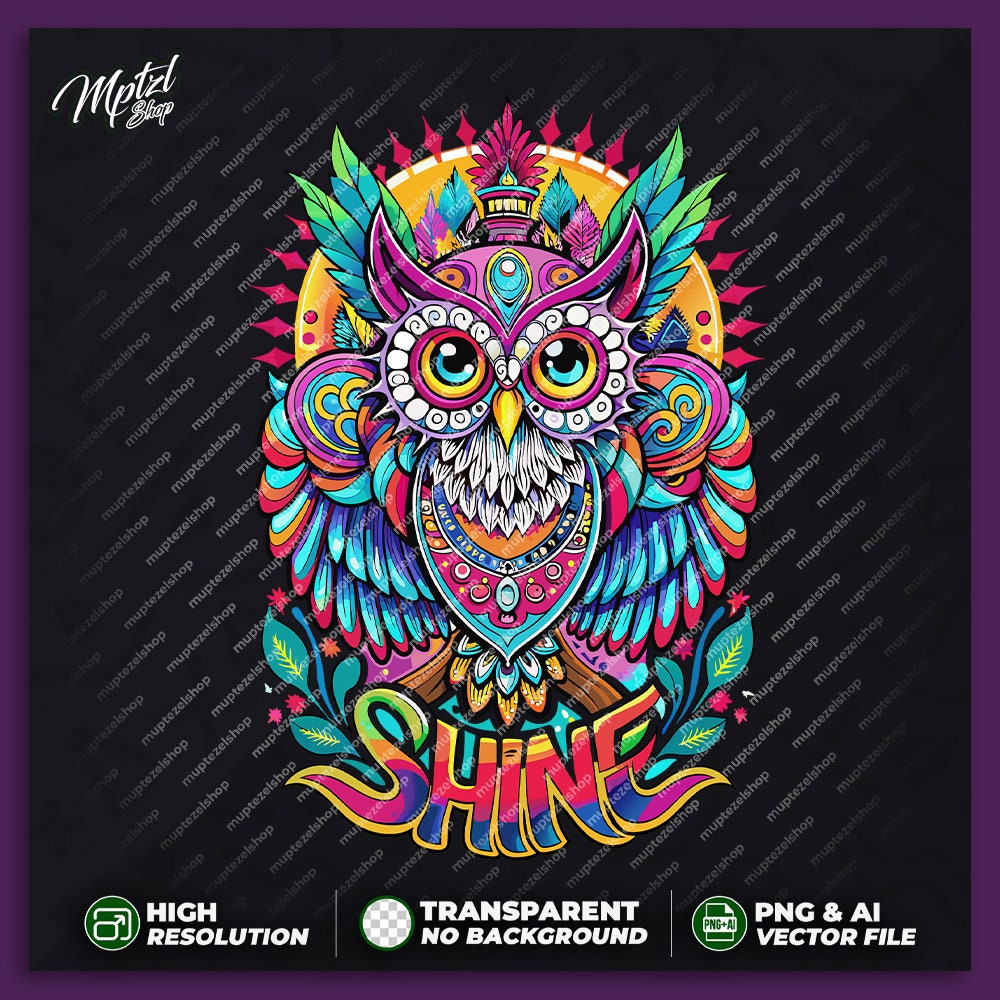 Colorful Owl Shine Psychedelic T-shirt Design for Printing, Sticker, High Resolution, PSY Vector Fil