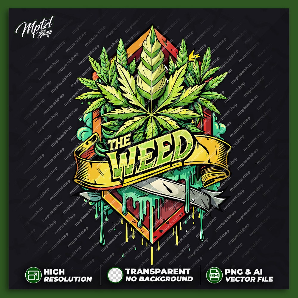Cannabis Leaf Logo Weed T-shirt Design for Printing, Sticker, High Resolution, Marijuana Vector Files, Png, Ai, Transparent