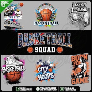 Op de afbeelding: Een digitaal bestand met basketbalthema-ontwerpen. De ontwerpen omvatten een basketbal met een koptelefoon, een basketbal in een basket en tekst met de tekst "Built for the City", "Basketball Squad", "City of Hoops" en "Born for this Game".