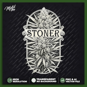 May include: Black and white illustration of a cannabis plant with the word "STONER" in a vintage style banner.