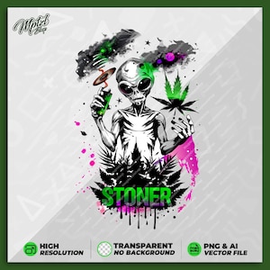 Stoner Alien Weed T-shirtontwerp voor afdrukken, sticker, hoge resolutie, cannabis vectorbestanden, png, ai, transparant