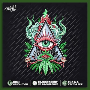 May include: An illustration of an all-seeing eye inside a triangle, with a marijuana leaf and a smoking pipe. The eye is surrounded by smoke and flames, rendered in green, red and white.