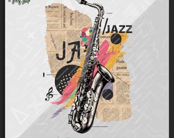 Saxophone Jazz Music T-shirt Design for Printing, Sticker, Coffee Mug, High Resolution, Vector Files, Png, Ai, Transparent, Graffiti