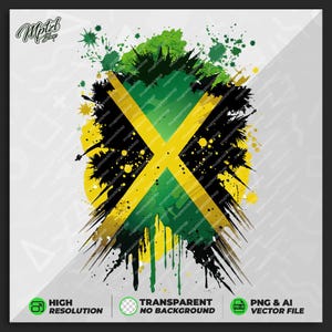 Puede incluir: Diseño gráfico de la bandera jamaicana con un efecto de pintura salpicada. Los colores verde, amarillo y negro de la bandera se muestran de forma destacada. El texto inferior indica alta resolución, transparencia y tipo de archivo.