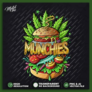 May include: A cartoon illustration of a hamburger with the word "MUNCHIES" in gold letters. The hamburger is surrounded by green leafy vegetables and other food items, such as tomatoes, onions, and cheese.