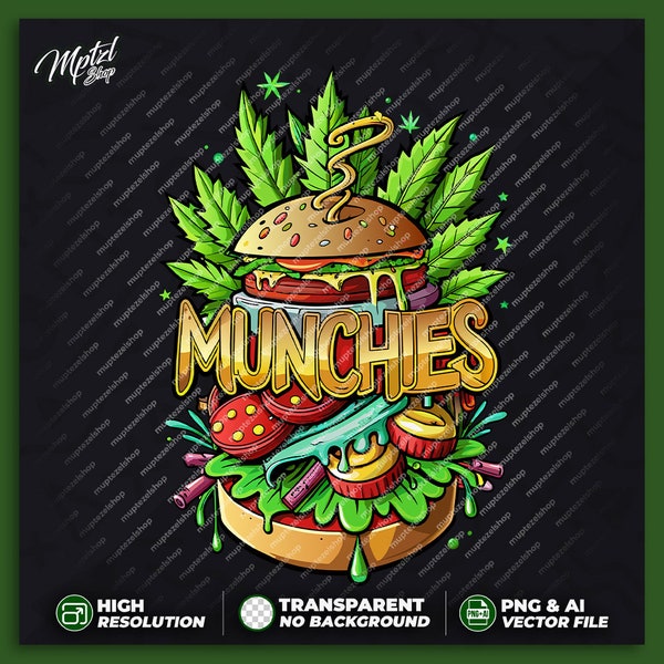 Munchies Burger Weed T-shirt Design for Printing, Sticker, High Resolution, Cannabis Vector Files, Png, Ai, Transparent