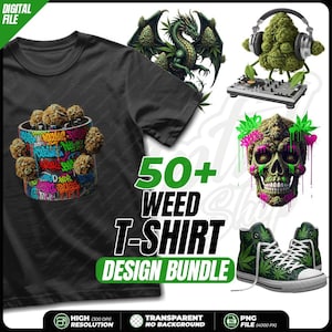 50+ Weed 1 T-shirtdesignpaket | Högupplösta transparenta PNG-filer | Marijuana, Cannabis, Buds, Hampa | Digital nedladdning