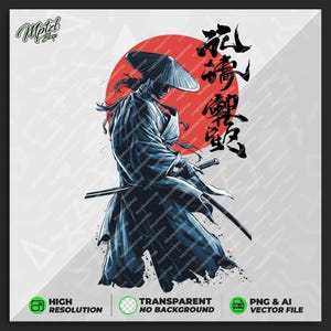 May include: A digital illustration of a samurai warrior in a blue and black robe with a red sun behind him. The warrior is holding a sword and has a determined expression on his face. The Japanese characters in the background say "Mountain, Dragon, Sword".