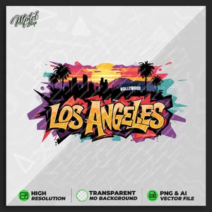 May include: A colorful graphic design featuring the words "Los Angeles" in a graffiti style with a sunset and palm trees in the background. The text "Hollywood" is also visible in the design.