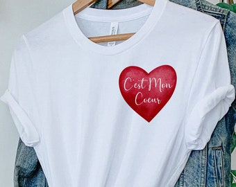 French T Shirt, Heart Tee Shirt, Valentine Shirt, Gift for French Teacher, Linguistic Gift, Language Student Present, Red Love Heart Top
