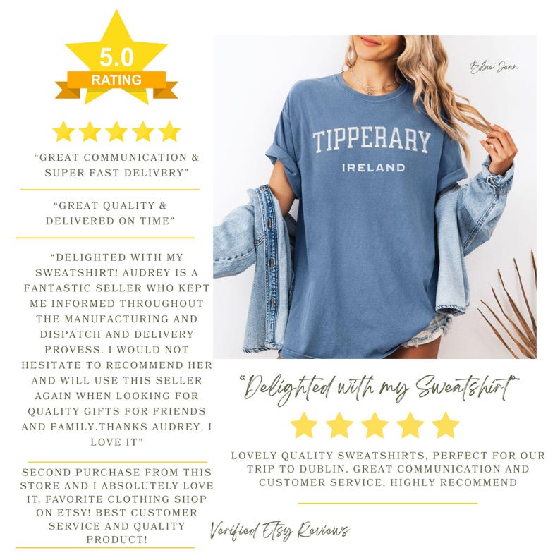 5 star reviews from verified etsy buyers ; “great communication & super fast delivery”, “great quality & delivered on time”, “delighted with my sweatshirt! audrey is a fantastic seller who kept me informed throughout the manufacturing and dispatch and delivery process. i would not hesitate to recommend her and will use this seller again when looking for quality gifts for friends and family.thanks audrey, i love it, ”i absolutely love it. favorite clothing shop on etsy! best customer service “