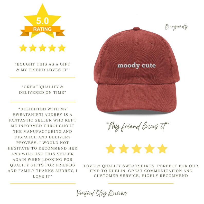 May include: A burgundy corduroy baseball cap with the text "moody cute" embroidered in white. The cap has a five-panel design and a curved brim.