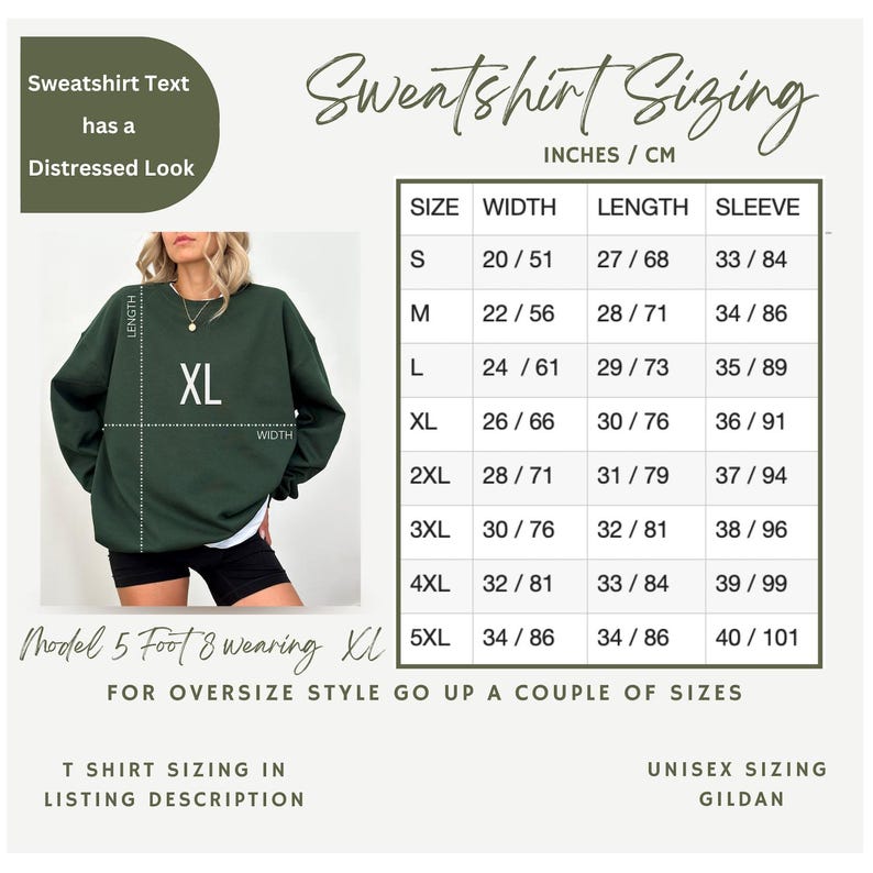 Size chart in inches and centimetres