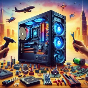 Könnte beinhalten: Ein schwarzes Computergehäuse mit bunten Lichtern und Lüftern, umgeben von Werkzeugen und Teilen auf einem Holztisch. Das Gehäuse ist geöffnet und zeigt das Motherboard und andere Komponenten. Der Hintergrund ist eine Stadtlandschaft.