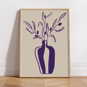 Póster de jarrón abstracto con ramas de olivo, imprimible, decoración de pared, descarga digital instantánea.