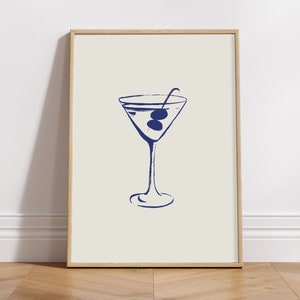 Martini-Glas-Poster, druckbares Poster, blau auf beigem Hintergrund, minimalistische Wanddekoration, digitaler Download