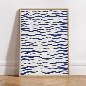 Affiche vagues abstraites, decoration murale, bleu sur fond beige, poster à imprimer, téléchargement numérique