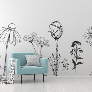 Große, handgezeichnete Wildblumen Wandaufkleber für Flure, Schlafzimmer & Wohnräume
