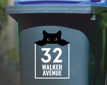 Custom Wheelie Bin Sticker | Lurking Cat Design, House Number Vinyl Decal