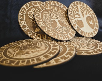 Wooden Viking Coasters: Vegvisir, Yggdrasil, Hugin & Munin