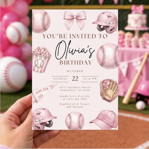 Pink Baseball Birthday Invitation | Girl Softball Invitation | Pink Softball Birthday Party Invite | Editable Sports Birthday Template