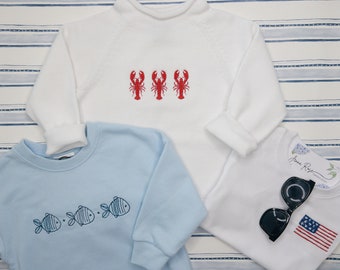 Maglione a collo alto in cotone Pima personalizzato - Maglione estivo personalizzato per neonati/bambini - Monogramma, nome o disegno - Aragoste - Nautico - Ricamo