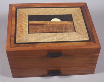 Mountain Koa, Mango and Ebony  Inlaid Art Deco Jewelry Box, one drawer