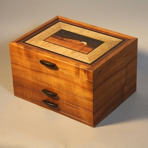 Mountain inlay Koa, Mango and Ebony Inlaid  Jewelry Box with 2 drawers